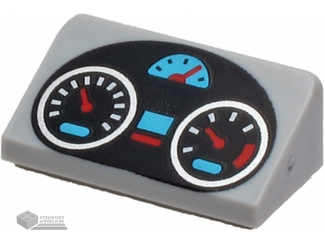 85984pb289 – Slope 30 1 x 2 x 2/3 with Black Oval Dashboard with Silver, Medium Azure and Red Gauges Pattern