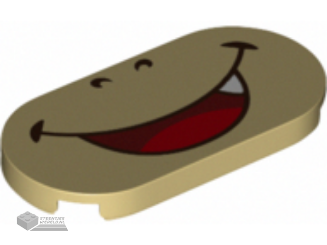 66857pb001 – Tile, Round 2 x 4 Oval with Open Mouth Smile, Red Tongue, White Tooth and Closed Eyes Pattern