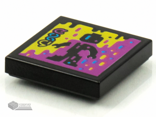 3068bpb1567 – Tile 2 x 2 with Groove with BeatBit Album Cover – Black Minifigure in Yellow and Purple Splotches Pattern