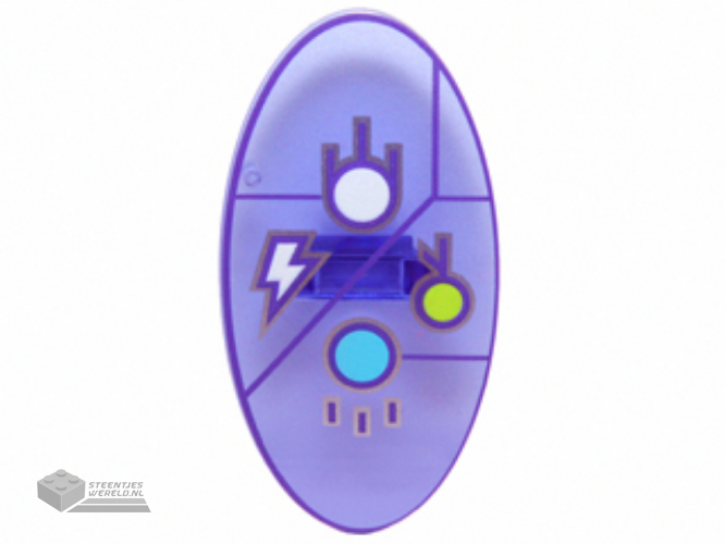 92747pb08 – Minifigure, Shield Oval with Dimensions Keystone Symbol with White, Lime and Medium Azure Circles and Lightning Bolt Pattern