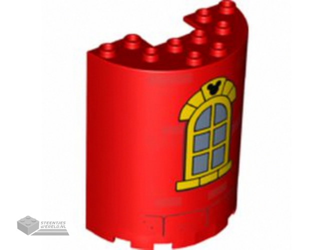 87926pb020 – Cylinder Half 3 x 6 x 6 with 1 x 2 Cutout with Curved Yellow Window with Bricks and Mickey Mouse Logo Pattern