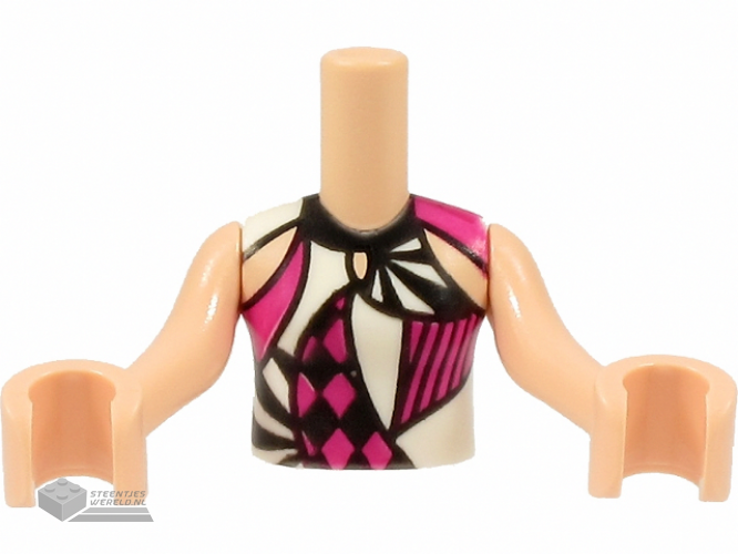 FTGpb323c01 – Torso Mini Doll Girl Black, Magenta and White Harlequin Shirt Pattern, Light Nougat Arms with Hands