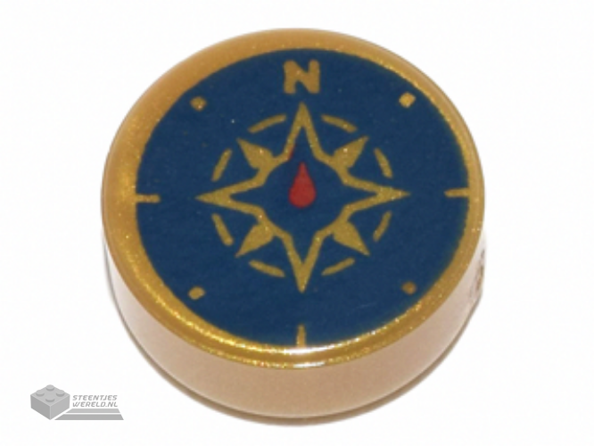 98138pb045 – Tile, Round 1 x 1 with Dark Blue Compass Rose and Red Needle Pattern