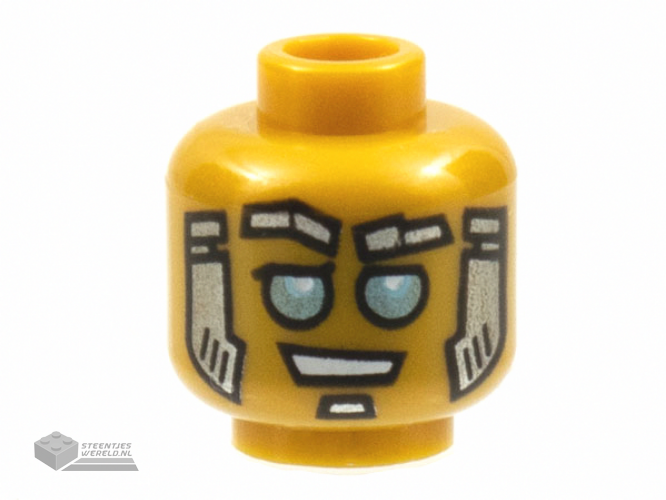 3626cpb2820 – Minifigure, Head Alien Robot with Silver Eyebrows and Soul Patch, Gold Sideburns, and Metallic Light Blue Eyes Pattern – Hollow Stud