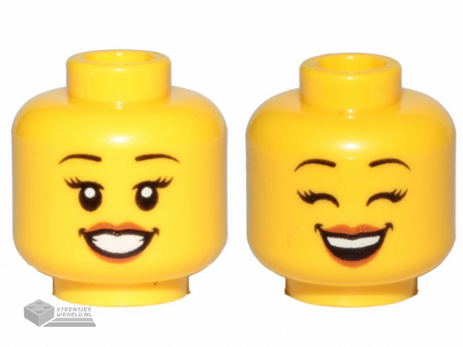 3626cpb2379 – Minifigure, Head Dual Sided Female Black Eyebrows, Eyelashes, Medium Nougat Lips, Smile, Teeth, Open Eyes / Closed Eyes Pattern – Hollow Stud