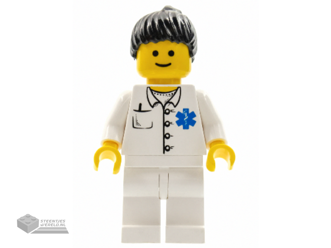 doc026 - Doctor - EMT Star of Life Button Shirt, White Legs, Black Ponytail Hair
