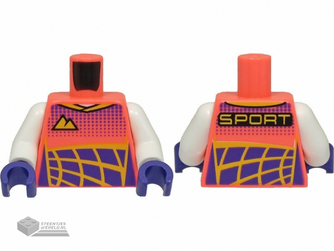 973pb4468c01 – Torso Race Suit, Bright Light Orange Mountains Logo, Dark Purple Dots and Panels, 'SPORT' on Back Pattern / White Arms / Dark Purple Hands