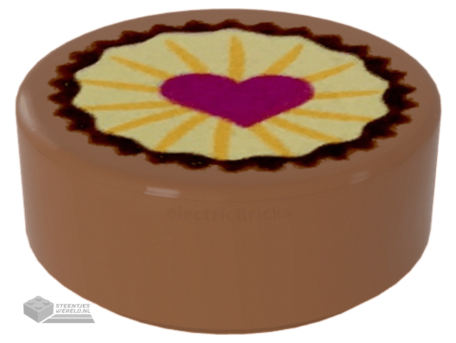 98138pb094 – Tile, Round 1 x 1 with Pastry, Magenta Heart on Bright Light Yellow Icing Pattern