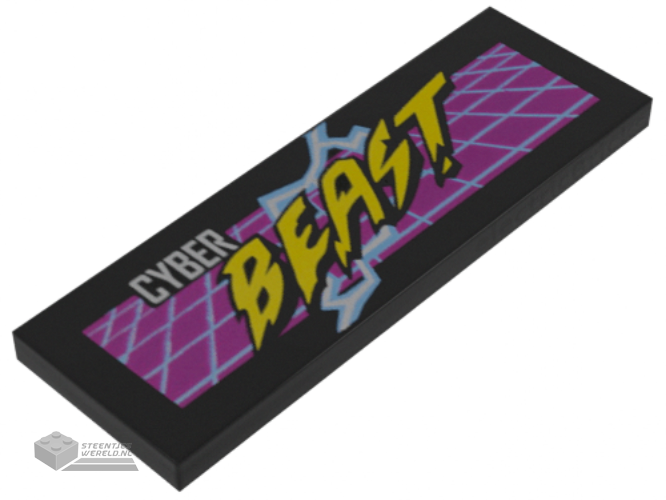 69729pb015 – Tile 2 x 6 with Silver and Yellow 'CYBER BEAST' on Purple Grid, Bright Light Blue Lightning Pattern