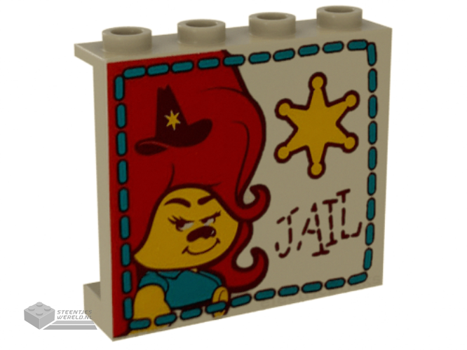 60581pb132 – Panel 1 x 4 x 3 with Side Supports – Hollow Studs with Delta Dawn, Bright Light Orange Sheriff Badge, and Reddish Brown ‘JAIL’ Pattern