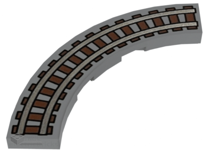 27507pb04 – Tile, Round Corner 4 x 4 Macaroni Wide with Train Track Pattern