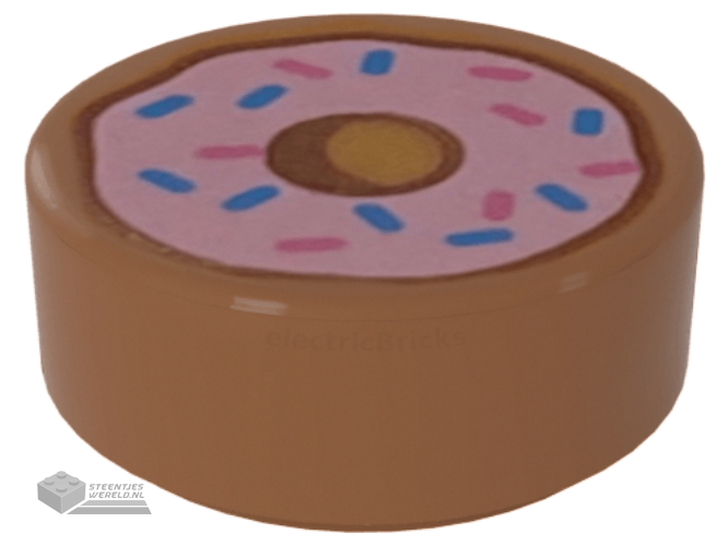 98138pb182 – Tile, Round 1 x 1 with Donut / Doughnut with Bright Pink Frosting and Dark Azure and Dark Pink Sprinkles Pattern