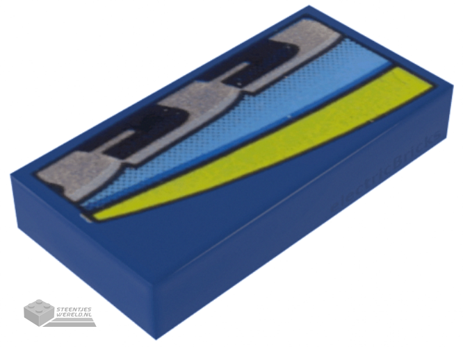 3069bpx57 – Tile 1 x 2 with Groove with Medium Blue, Black, Silver, and Yellow Stripes Pattern Model Right Side