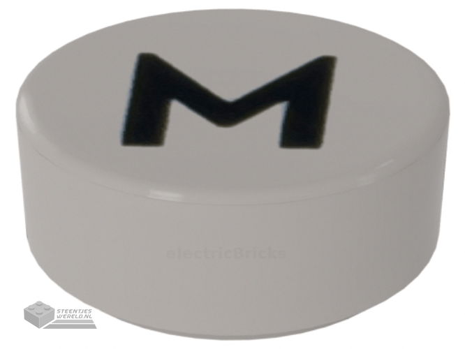 98138pb223 – Tile, Round 1 x 1 with Black Capital Letter M / W Pattern