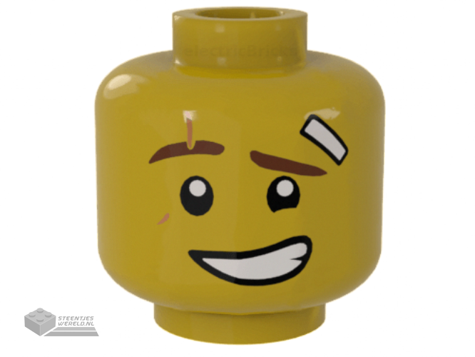 3626cpb1889 – Minifigure, Head Dual Sided Reddish Brown Eyebrows, Medium Nougat Scar, Bandage, Lopsided Grin with Teeth / Determined Pattern (Kai) – Hollow Stud