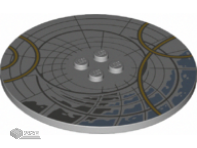 6177pb017 - Tile, Round 8 x 8 with 4 Studs in Center with Dark Bluish Gray and Gold Circles Pattern