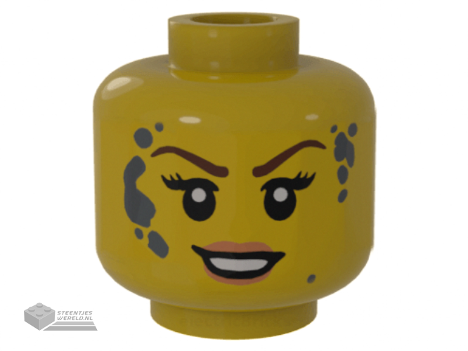 3626cpb2147 - Minifigure, Head Dual Sided Female Black Eyebrows, Peach Lips, Smirk / Smile with Dark Bluish Gray Splotches Pattern - Hollow Stud