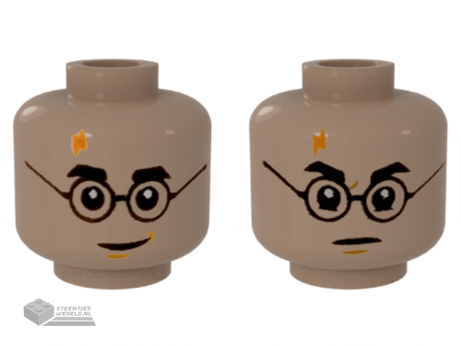 3626cpb2413 – Minifigure, Head Dual Sided Medium Nougat Lightning Scar, Black Eyebrows and Glasses, Smile / Angry Pattern – Hollow Stud