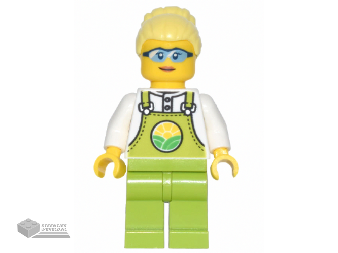 cty1441 – Farmer Peach – Lime Overalls over White Shirt, Lime Legs, Bright Light Yellow High Bun, Glasses