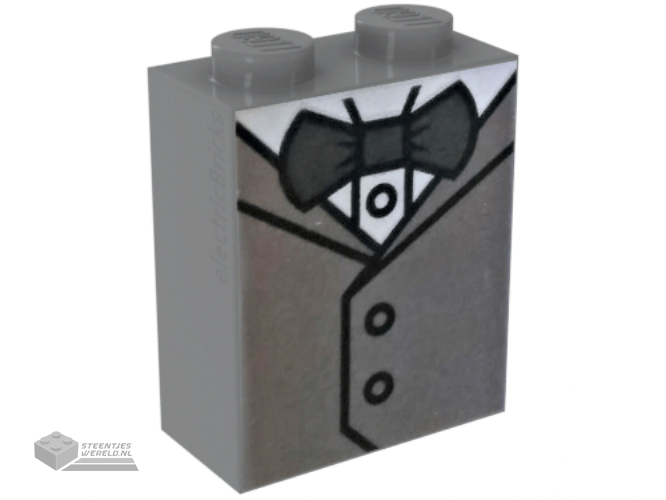 3245cpb113 – Brick 1 x 2 x 2 with Inside Stud Holder with White Shirt, Metallic Silver Vest and Dark Bluish Gray Bow Tie Pattern (BrickHeadz Groom)