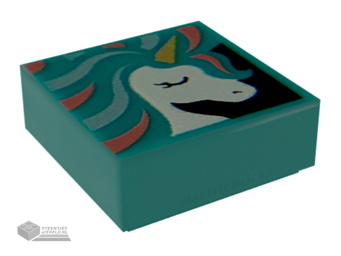 3070bpb135 – Tile 1 x 1 with Groove with White Unicorn Head, Gold Horn, and Metallic Light Blue and Coral Mane Pattern
