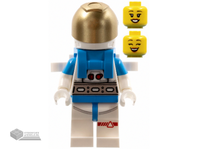 cty1409 – Lunar Research Astronaut – Female, White and Dark Azure Suit, White Helmet, Metallic Gold Visor, Backpack Clips, Open Mouth Smile