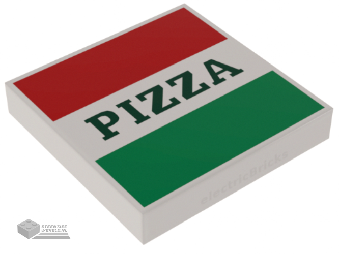 3068bpb1045 – Tile 2 x 2 with Groove with Red and Green Stripes and Dark Green 'PIZZA' Pattern (Pizza Box)