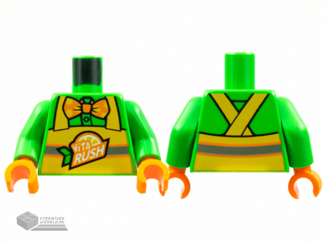 973pb4453c01 – Torso Button Up Shirt, Orange Bow Tie with Polka Dots, Yellow Apron with 'ViTA RUSH' Logo, Silver Stripe Pattern / Bright Green Arms / Orange Hands