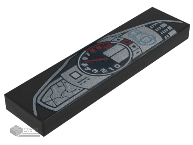 2431pb798 – Tile 1 x 4 with Dashboard Display with Car Outline and Silver and Red Speedometer Gauge Pattern