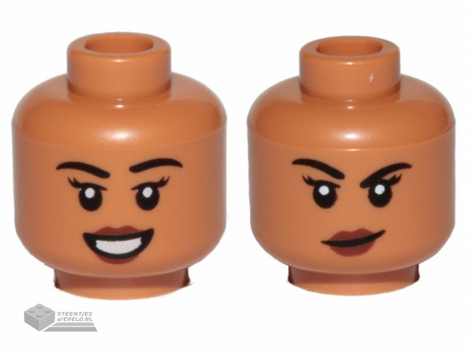 3626cpb3019 – Minifigure, Head Dual Sided Female, Black Eyebrows, Red Lips, Open / Closed Mouth Smile Pattern – Hollow Stud