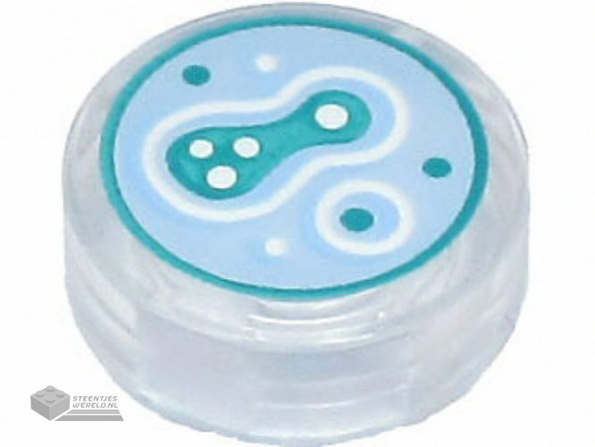 98138pb284 – Tile, Round 1 x 1 with Bright Light Blue, Dark Turquoise, and White Cell Culture in Petri Dish Pattern
