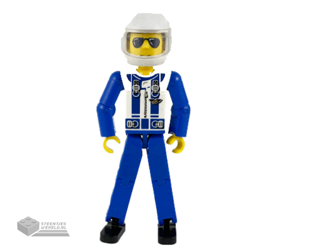 tech038b – Technic Figure Blue Legs, White Top with Zipper & Shoulder Harness Pattern, Blue Arms, White Helmet