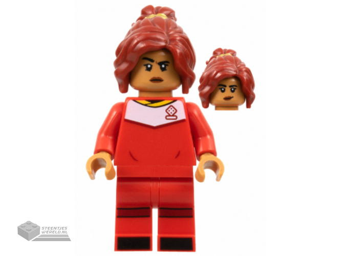 idea141 – Soccer Player, Female, Red Uniform, Medium Nougat Skin, Dark Red Ponytail