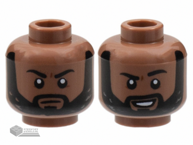 3626cpb3062 – Minifigure, Head Dual Sided Black Eyebrows and Beard, Neutral / Grin with Raised Left Eyebrow Pattern – Hollow Stud