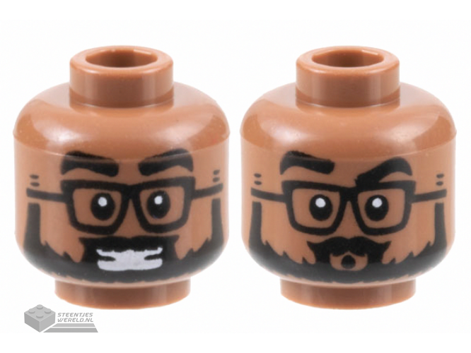 3626cpb3153 – Minifigure, Head Dual Sided Black Eyebrows, Glasses, and Full Beard, Smile with Teeth / Pucker Pattern – Hollow Stud
