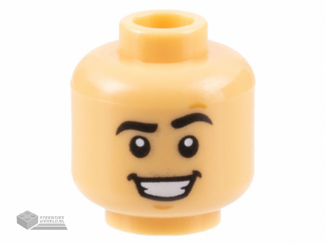 3626cpb3152 – Minifigure, Head Black Eyebrows, Raised Left, Chin Dimple, Open Mouth Smile with Teeth Pattern – Hollow Stud