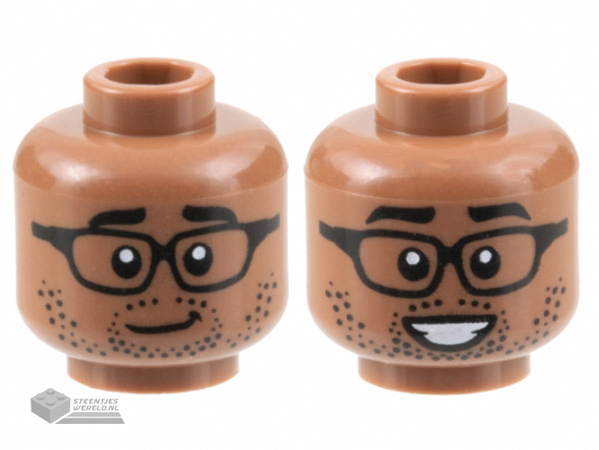 3626cpb3154 – Minifigure, Head Dual Sided Black Eyebrows, Glasses, Stubble, Lopsided Grin / Smile with Teeth Pattern – Hollow Stud