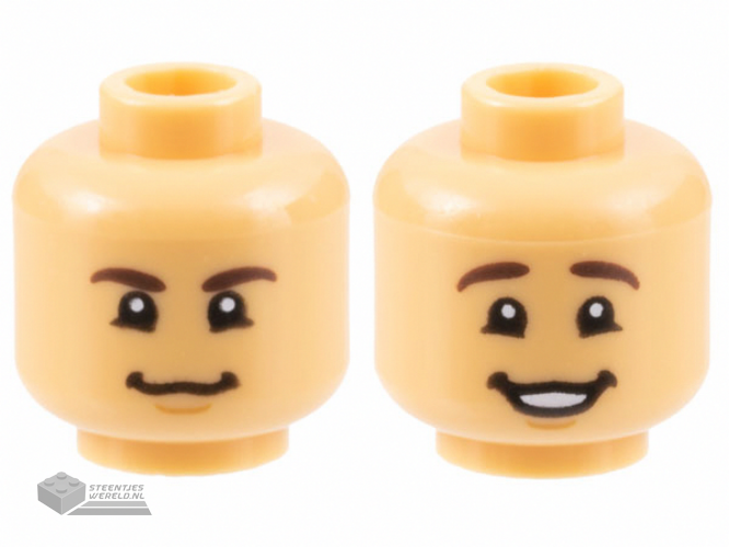 3626cpb3160 – Minifigure, Head Dual Sided Dark Brown Eyebrows, Chin Dimple, Grin / Smile with Teeth Pattern – Hollow Stud