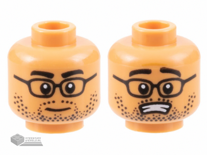 3626cpb3159 – Minifigure, Head Dual Sided Black Eyebrows, Glasses, and Stubble, Neutral / Scared with Open Mouth Pattern – Hollow Stud
