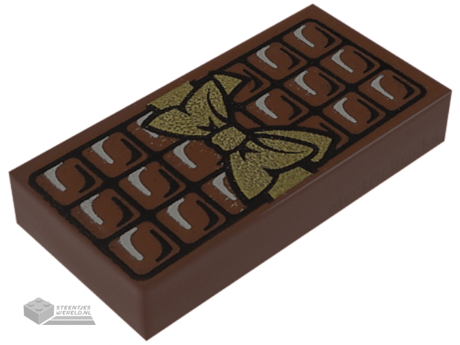 3069bpb0440 – Tile 1 x 2 with Groove with Candy Bar Chocolate Blocks and Gold Bow Pattern
