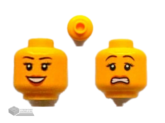 3626cpb0940 – Minifigure, Head Dual Sided Female Peach Lips, Black Eyebrows, Open Mouth Smile / Scared Pattern – Hollow Stud