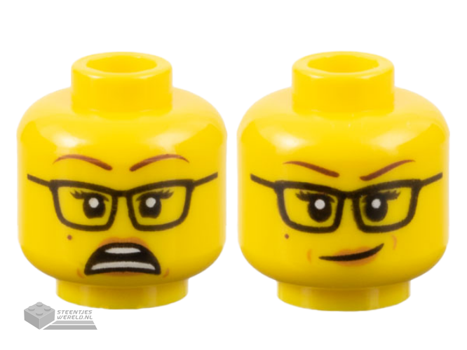 3626cpb2588 – Minifigure, Head Dual Sided Female, Dark Brown Eyebrows, Glasses, Beauty Mark, Scared / Crooked Smile Pattern – Hollow Stud