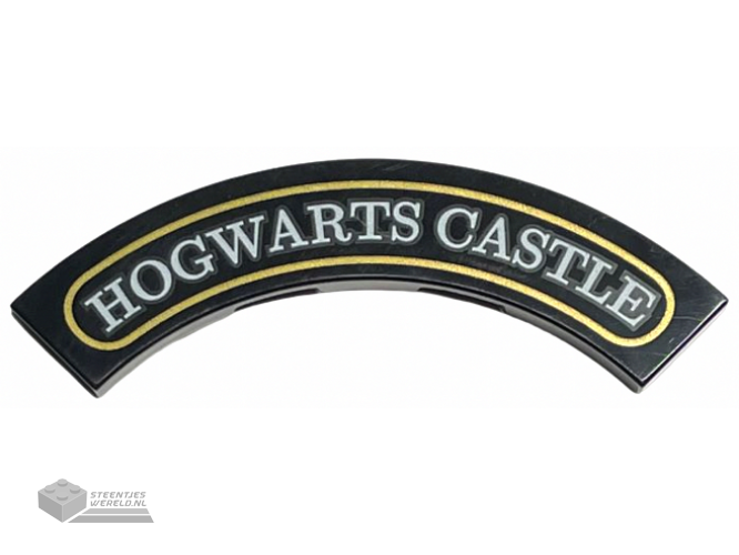 27507pb01 – Tile, Round Corner 4 x 4 Macaroni Wide with ‘HOGWARTS CASTLE’ and Gold Border Pattern