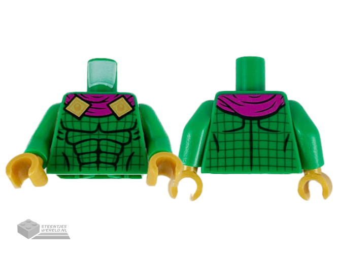 973pb3942c01 - Torso Magenta Scarf with Gold Clasps, Black Muscle Contours, and Dark Green Grid Lines Pattern / Green Arms / Pearl Gold Hands