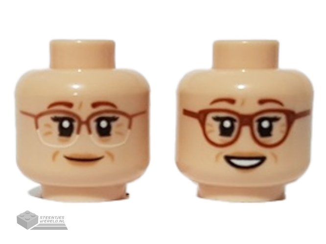 3626cpb2910 – Minifigure, Head Dual Sided Female, Reddish Brown Eyebrows, Cheek and Brow Lines, Glasses, Smile / Open Mouth Smile Pattern – Hollow Stud