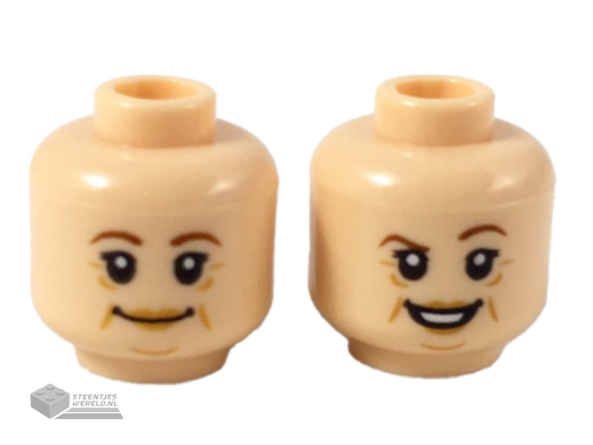 3626cpb2227 – Minifigure, Head Dual Sided Female Reddish Brown Eyebrows, Medium Nougat Lips, Age Lines, Grin / Smile with Raised Eyebrow Pattern – Hollow Stud