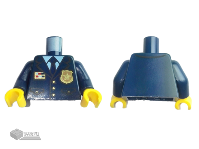 973pb3772c01 – Torso Police Suit with Tie and Pockets, Gold Star Badge and Buttons, Light Blue Undershirt Pattern / Dark Blue Arms / Yellow Hands
