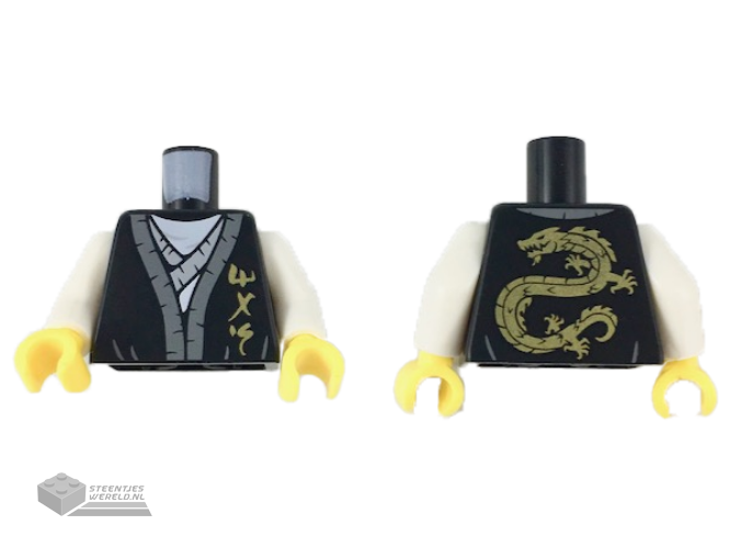 973pb3398c01 - Torso Robe with Dark Bluish Gray Hem, Gold Ninjago Logogram 'MAS', Light Bluish Gray Tunic Pattern / White Arms / Yellow Hands