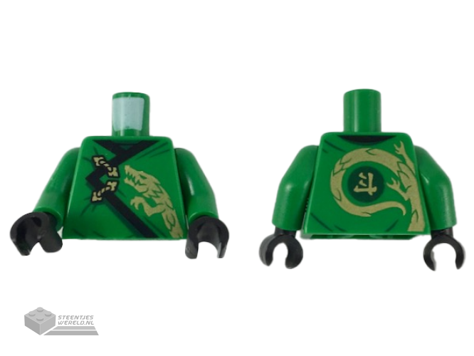 973pb3402c01 – Torso Ninjago Robe with Black Hem, Gold Clasps and Dragon Head Pattern / Green Arms / Black Hands