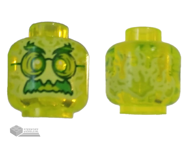 3626cpb2493 – Minifigure, Head Alien Ghost with Yellowish Green Face, Bushy Eyebrows, Glasses, Angry and Flames in Back Pattern – Hollow Stud